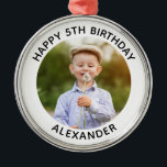 Happy Birthday Round Photo White Metal Ornament<br><div class="desc">Create your own personalised white border round premium Christmas ornament remembering a special birthday. Customise the solid white background colour or the black text colour to match your photo. If you change the font type or size, you can fine tune the curvature of the text in small increments. Have fun...</div>