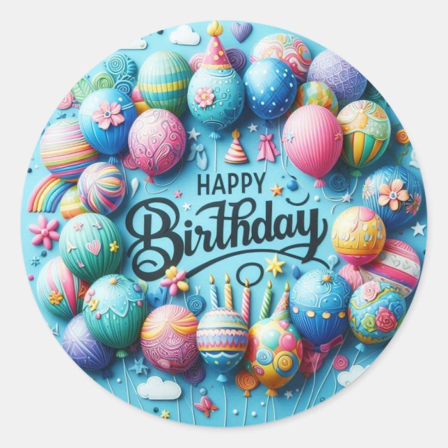 Happy Birthday Round Sticker – Colourful Balloons  (Front)