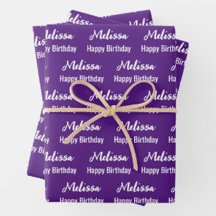 Happy Birthday Royal Purple and White Name Pattern Wrapping Paper Sheet