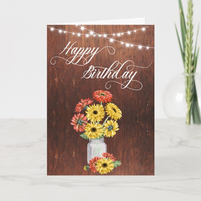 Happy Birthday Rustic Mason Jar Gerbera Daisy Card (Front)