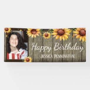 Happy Birthday Rustic Wood Sunflowers One Photo Banner
