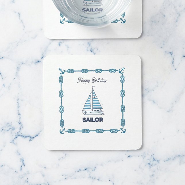 Happy Birthday Sailor Square Paper Coaster (The perfect birthday gift for the captain of your heart.)