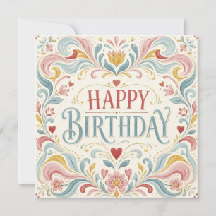 Happy Birthday Scandinavian Folk Art Floral Swirls Card
