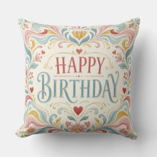 Happy Birthday Scandinavian Folk Art Floral Swirls Cushion