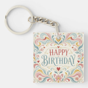 Happy Birthday Scandinavian Folk Art Floral Swirls Key Ring