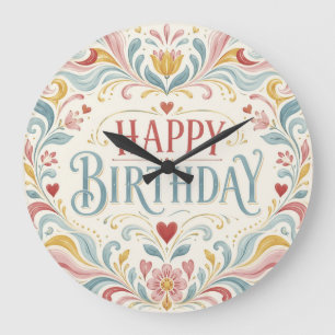 Happy Birthday Scandinavian Folk Art Floral Swirls Large Clock
