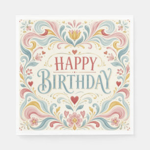 Happy Birthday Scandinavian Folk Art Floral Swirls Napkin