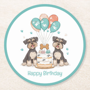 Happy Birthday Schnauzer Dogs Round Paper Coaster