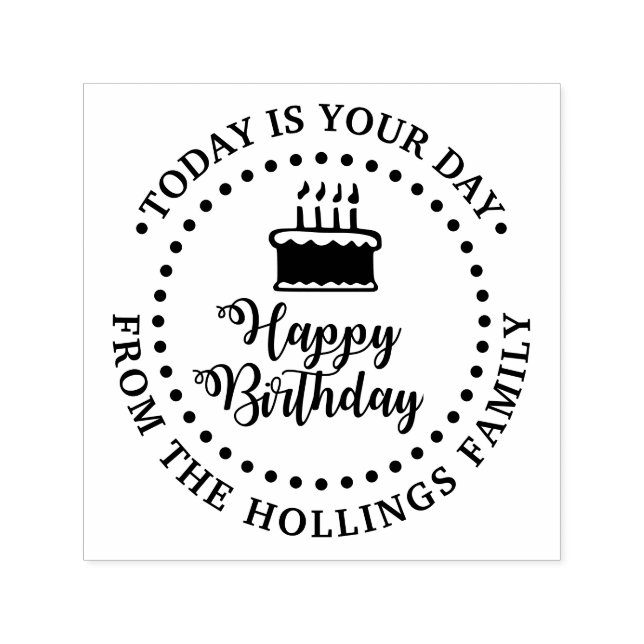 Happy Birthday Script Calligraphy and Cake Round Self-inking Stamp (Design)