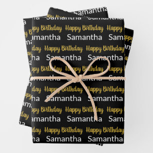 Happy Birthday Script Gold Black and White Name Wrapping Paper Sheet