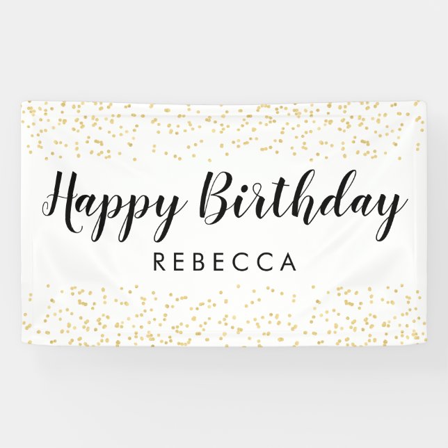 Happy Birthday Script Gold Faux Foil Confetti Name Banner (Horizontal)