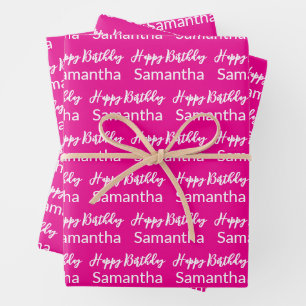 Happy Birthday Script Hot Pink and White Name Wrapping Paper Sheet