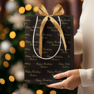 Happy Birthday Script Name Black Gold Medium Gift Bag