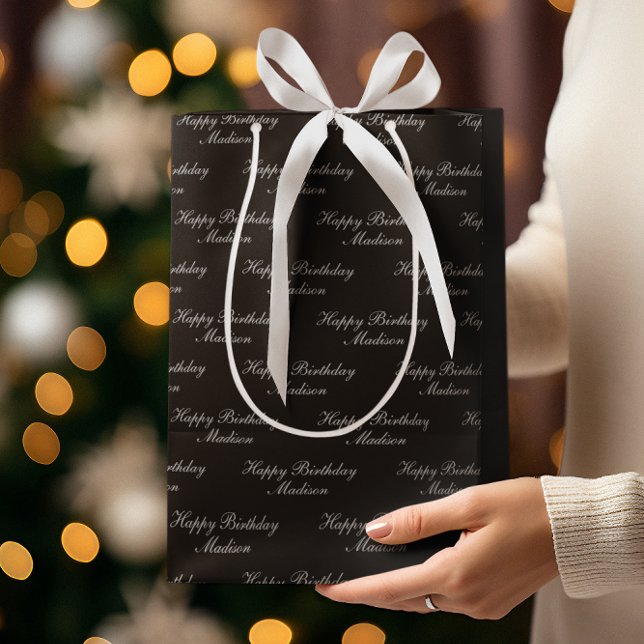 Happy Birthday Script Name Black Silver Medium Gift Bag (Creator Uploaded)
