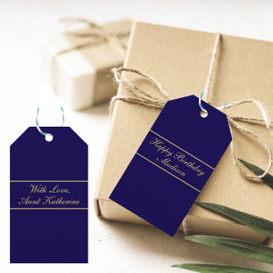 Happy Birthday Script Name Blue Gold Gift Tags