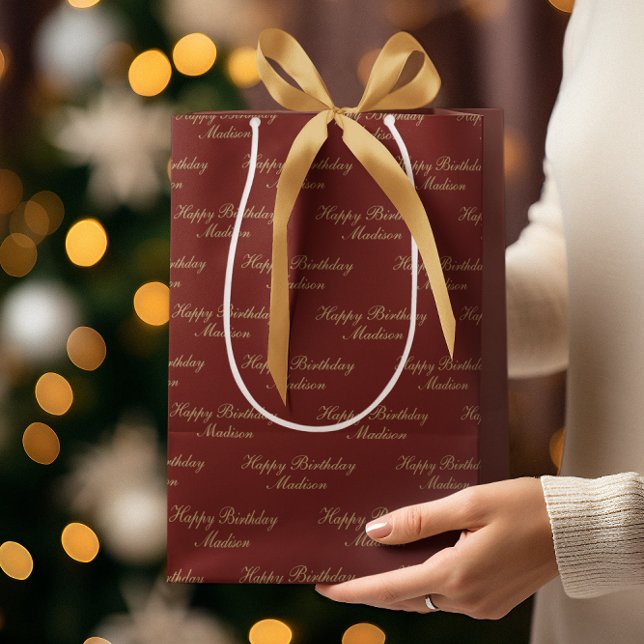 Happy Birthday Script Name Burgundy Gold Medium Gift Bag (Creator Uploaded)