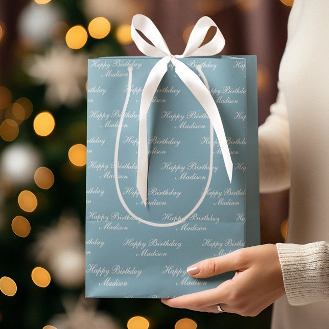 Happy Birthday Script Name Dusty Blue Medium Gift Bag (Creator Uploaded)