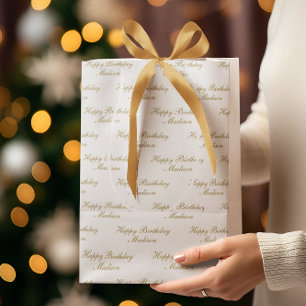 Happy Birthday Script Name White Gold Medium Gift Bag