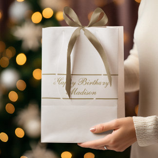 Happy Birthday Script Name White Gold Medium Gift Bag