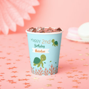 Happy Birthday Sea Green Turtle & Coral Reef Paper Cups