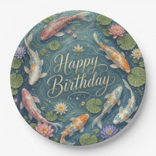 Happy Birthday Serene Koi Pond Water Lily Paper Plate