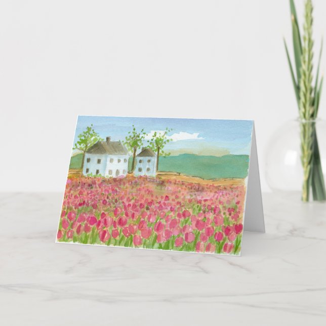 Happy Birthday Shaker House Pink Tulip Fields Card (Front)