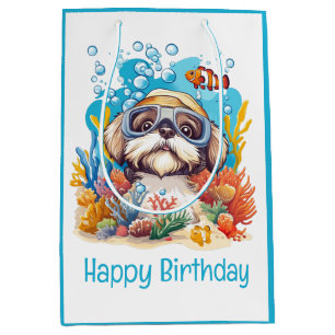 Happy Birthday Shih Tzu Dog Snorkelling Coral Reef Medium Gift Bag
