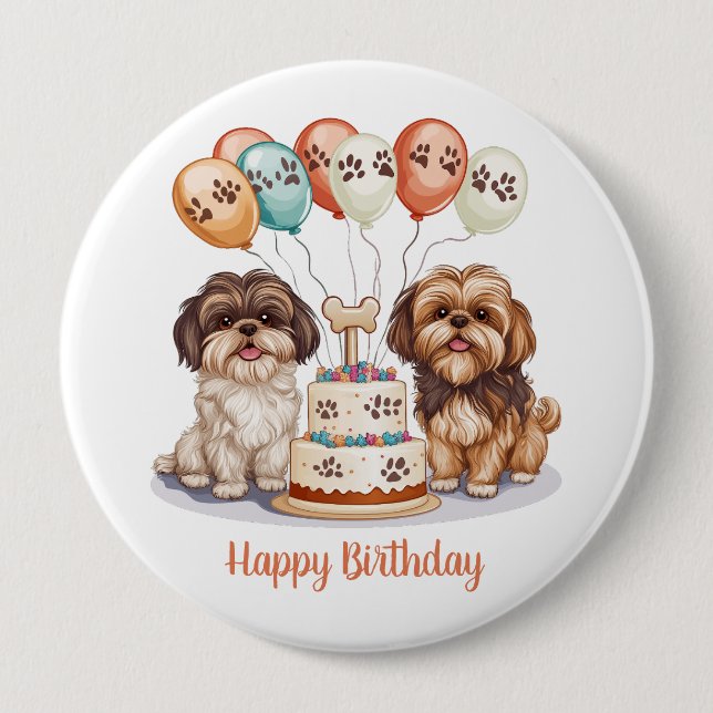 Happy Birthday Shih Tzu Dogs Birthday Cake 10 Cm Round Badge (Front)