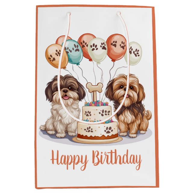 Happy Birthday Shih Tzu Dogs Birthday Cake Medium Gift Bag (Front)