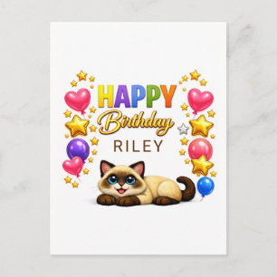 Happy Birthday Siamese Cat Balloons and Stars Postcard