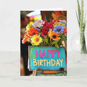 Happy Birthday Sign & Flowers Birthday Card
