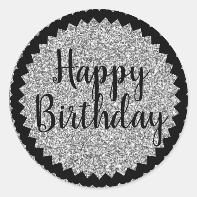 Happy Birthday Silver Glitter Classic Round Sticker (Front)
