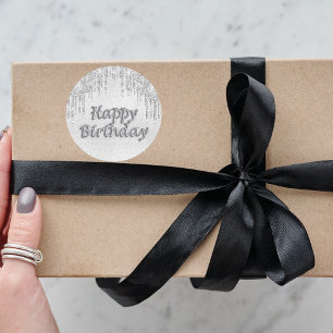 Happy Birthday silver glitter drips metal Classic Round Sticker