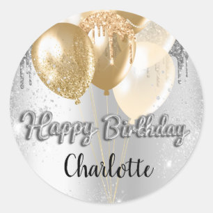 Happy Birthday silver gold glitter drips balloons Classic Round Sticker