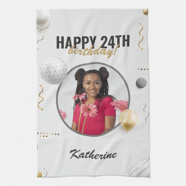Happy Birthday Simple Custom Photo Gift Tea Towel (Vertical)