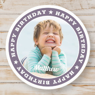 Happy Birthday Simple Modern Custom Photo Round Paper Coaster