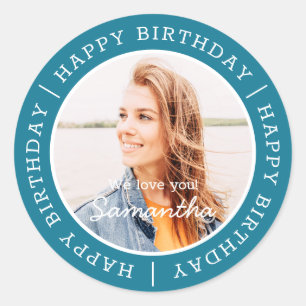 Happy Birthday Simple Preppy Modern Custom Photo Classic Round Sticker
