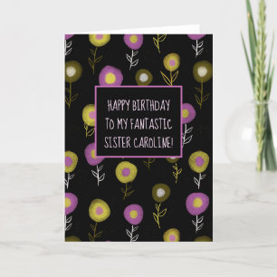 Happy Birthday Sister Dark Floral Girly Name Thank You Card