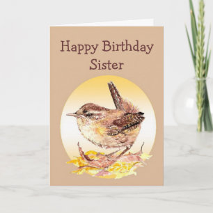 Happy Birthday Sister Watercolor House Wren Bird Card