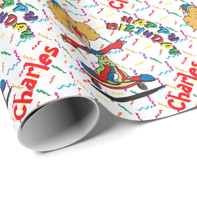 Happy Birthday Skating Clown | Personalise Wrapping Paper (Roll Corner)