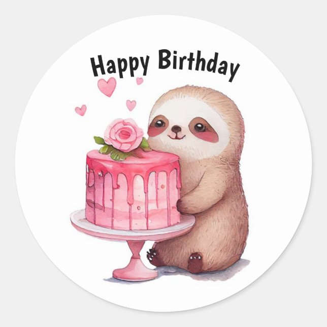 Happy Birthday Sloth Classic Round Sticker (Front)