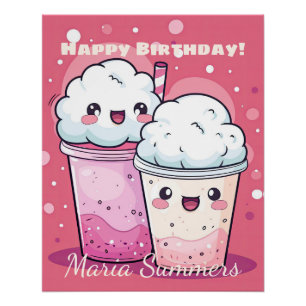 Happy Birthday Snow Cream Ice-cream Kawaii Cute Poster