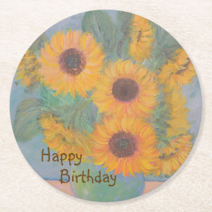 Happy Birthday Soft Sunflower Round Paper Coaster
