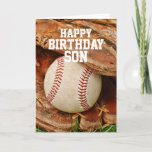 Happy Birthday Son Baseball and Old Mitt Card<br><div class="desc">Perfect for any baseball fan's birthday! A baseball and mitt in the tall summer grass - totally customisable for you to personalise as you please!</div>