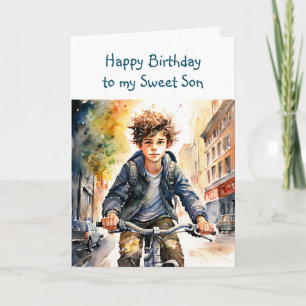 Happy Birthday Son   Boy on Bike in City Card
