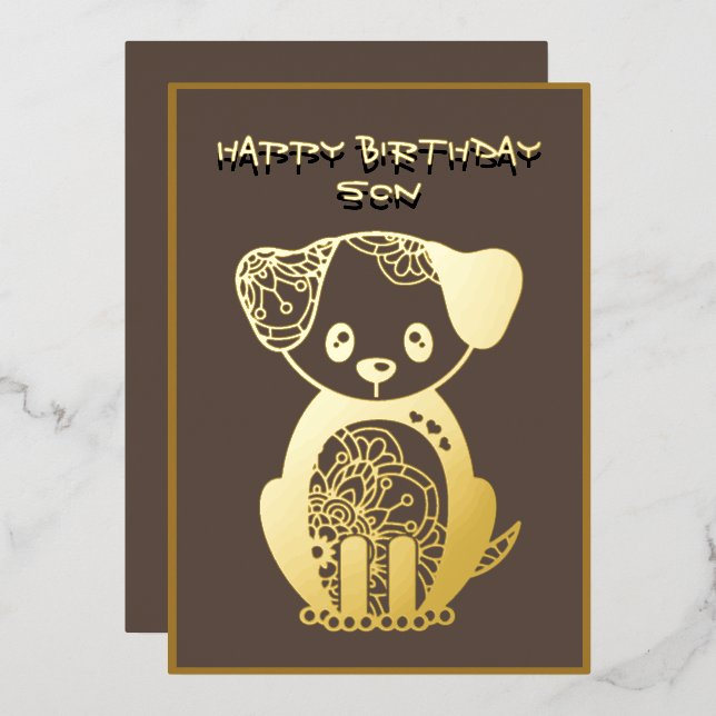 Happy Birthday Son Gold Foil Puppy Dog  Holiday Card (Front/Back)