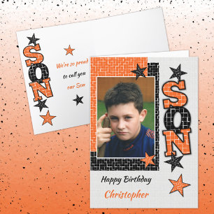 Happy Birthday Son orange and black photo Card