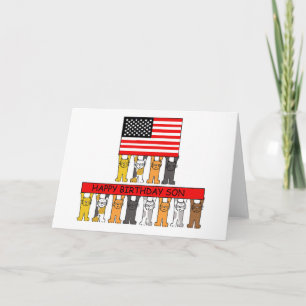 Happy Birthday Son USA Flag and Cartoon Cats Card