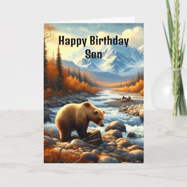 Happy Birthday Son Watercolor Bear by Stream   Card (Front)