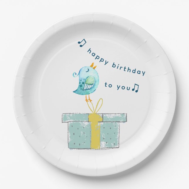 Happy Birthday Song (Simple Little Bird 2) Teal Paper Plate (Front)